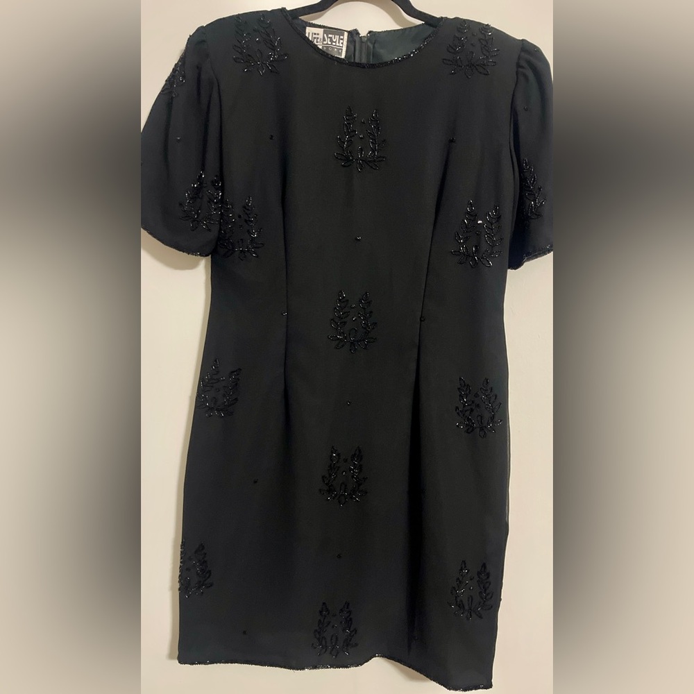 Vintage 80’s Beaded 100% Silk Formal Cocktail Dress L Occasion Wedding Guest